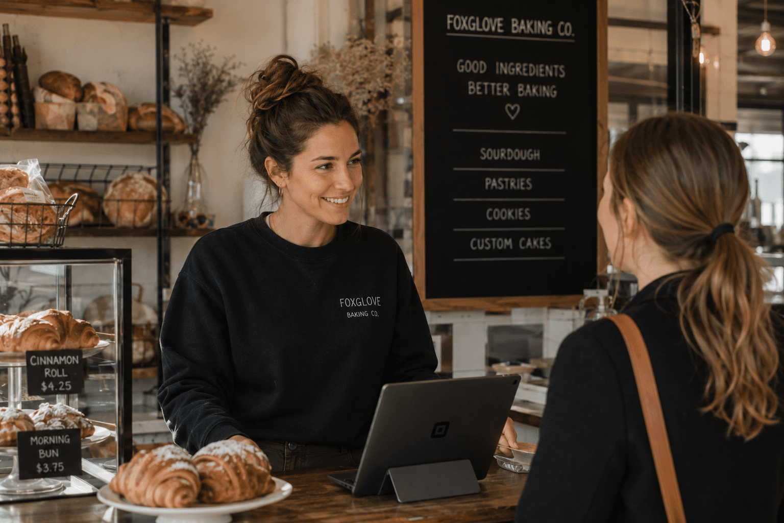 Bakery owner helping a customer at the counter