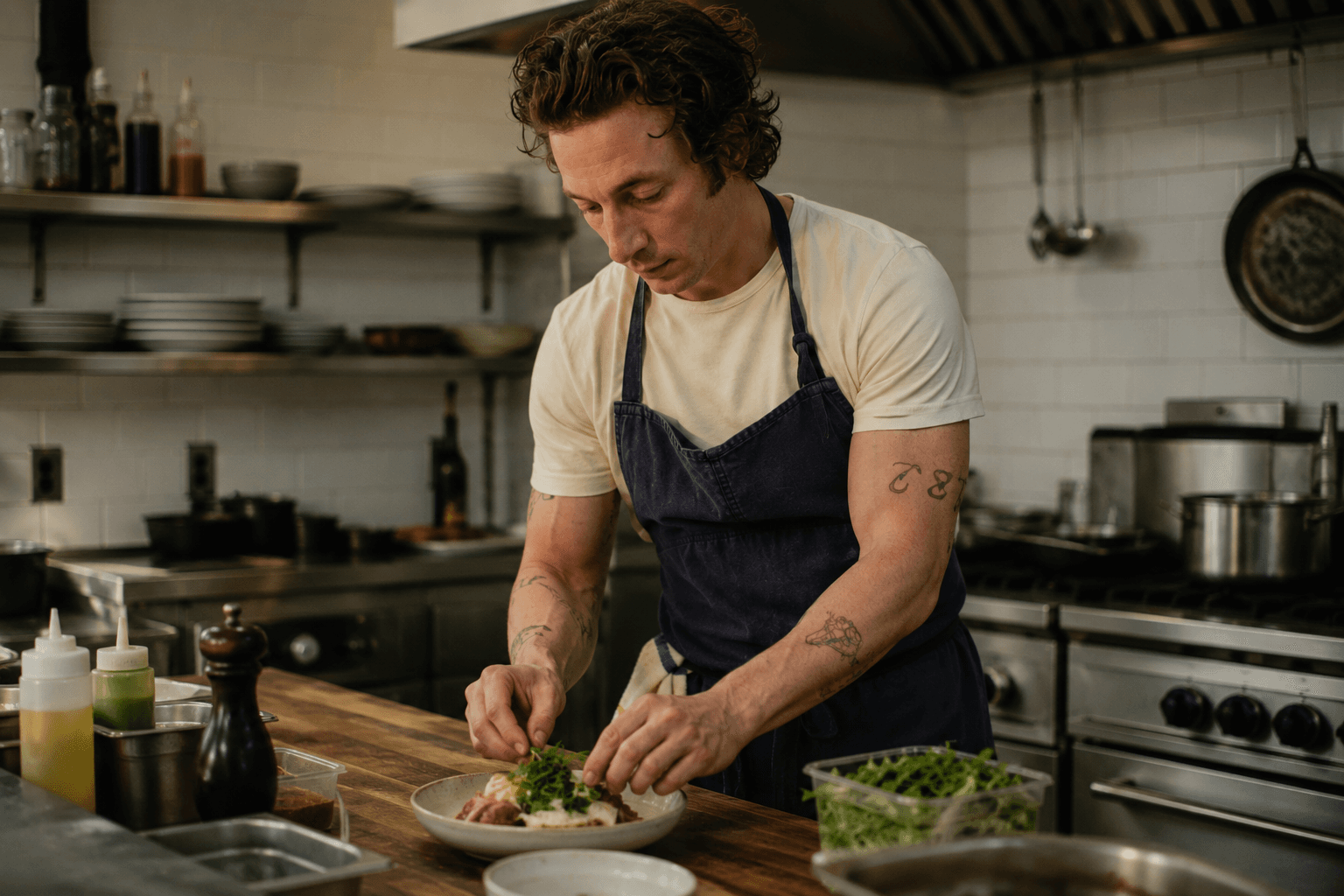 Restaurant owner preparing a dish in his kitchen