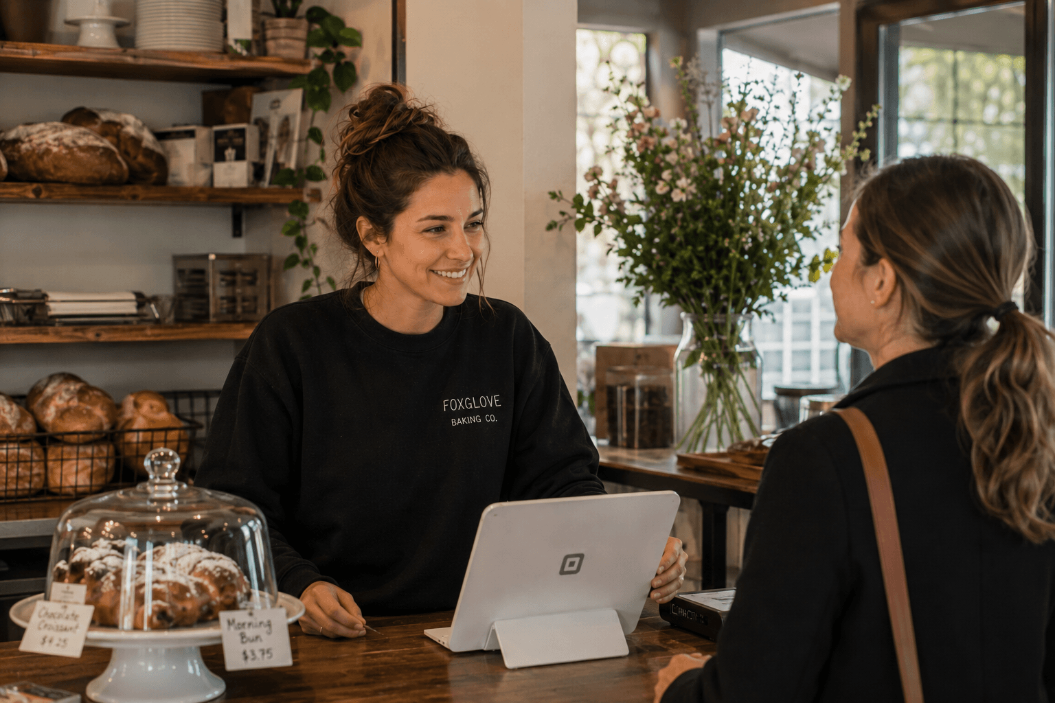 Bakery owner helping a customer at the counter