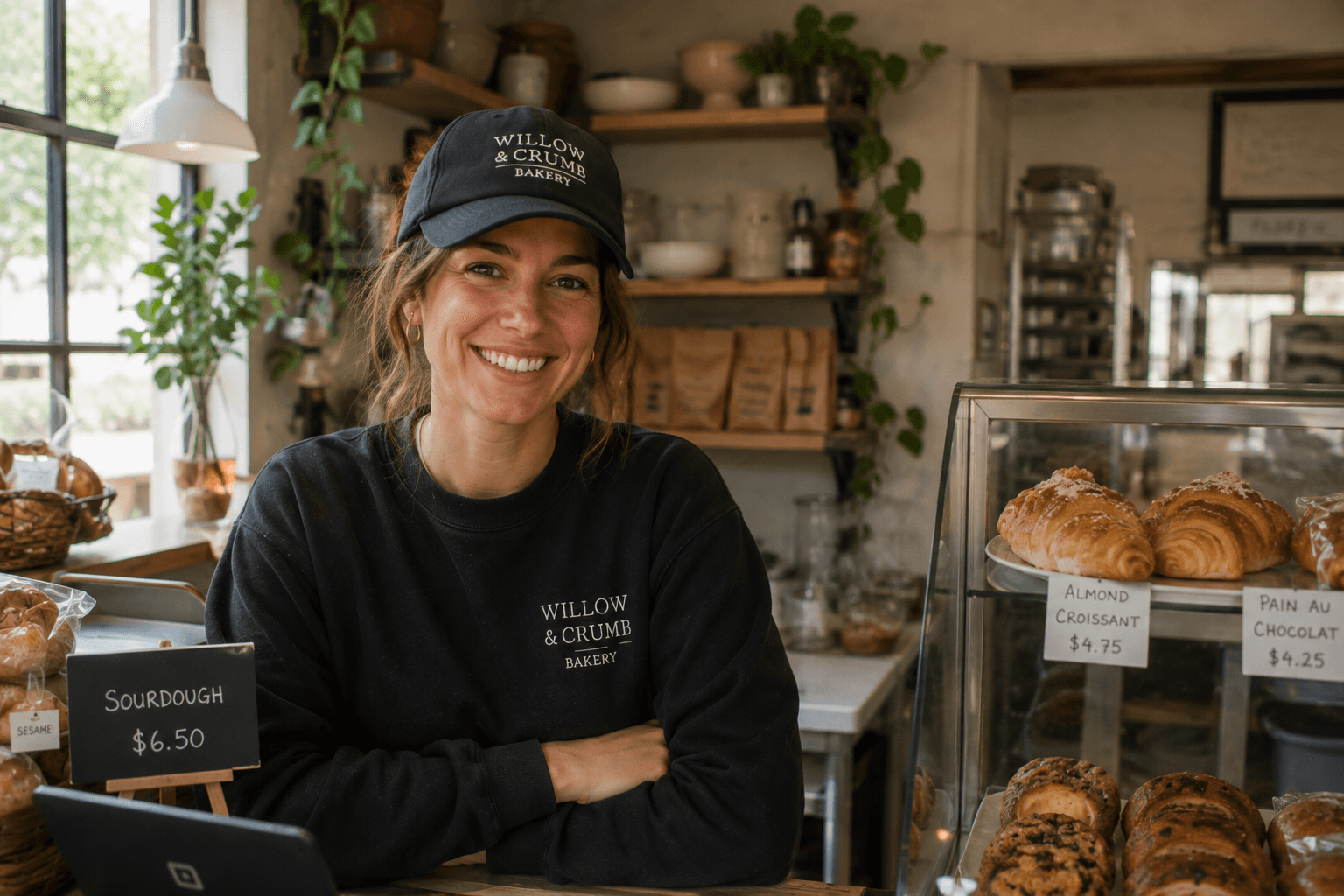 Bakery owner standing behind her counter