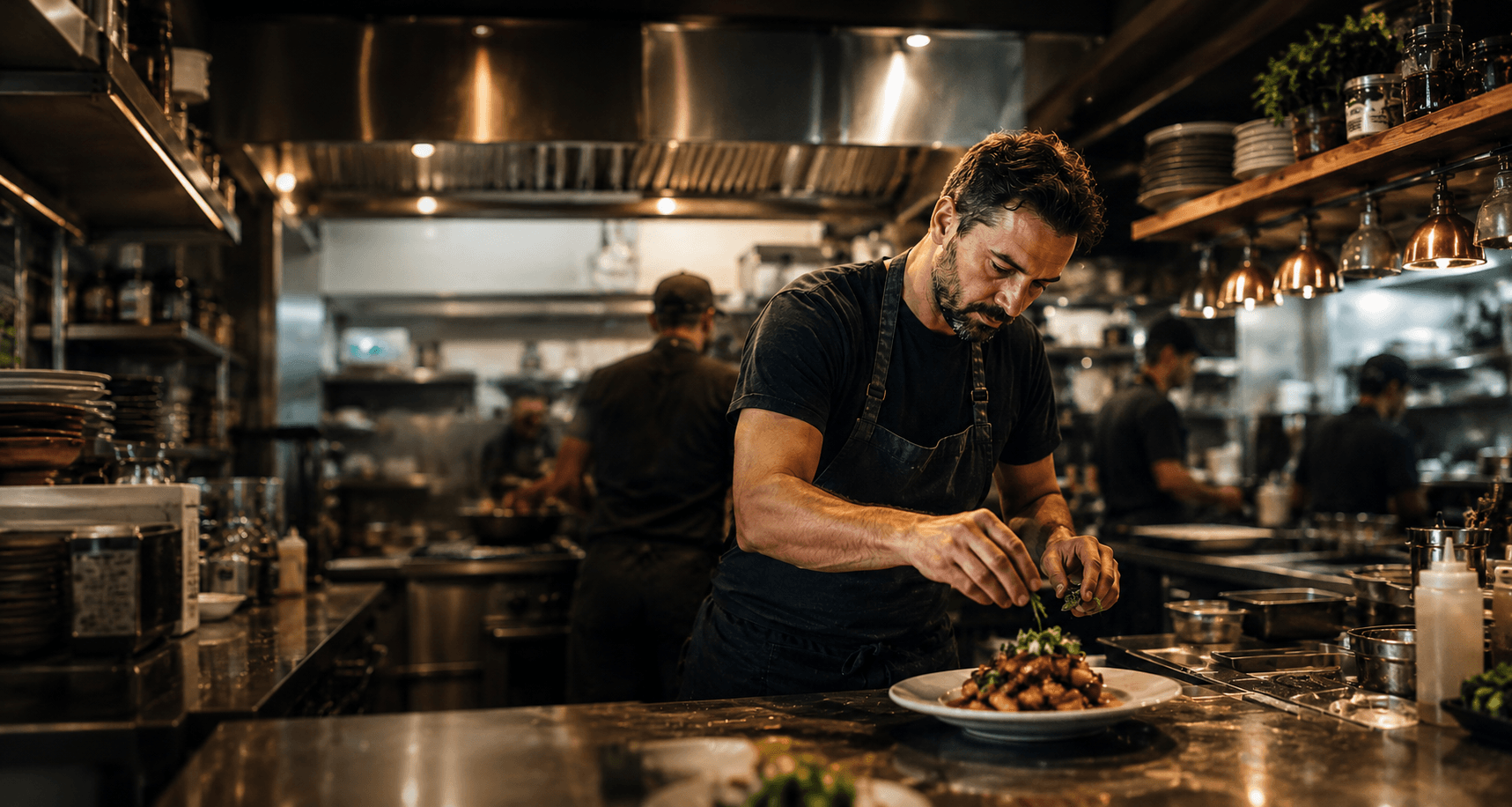 Restaurant owner preparing a dish in his kitchen