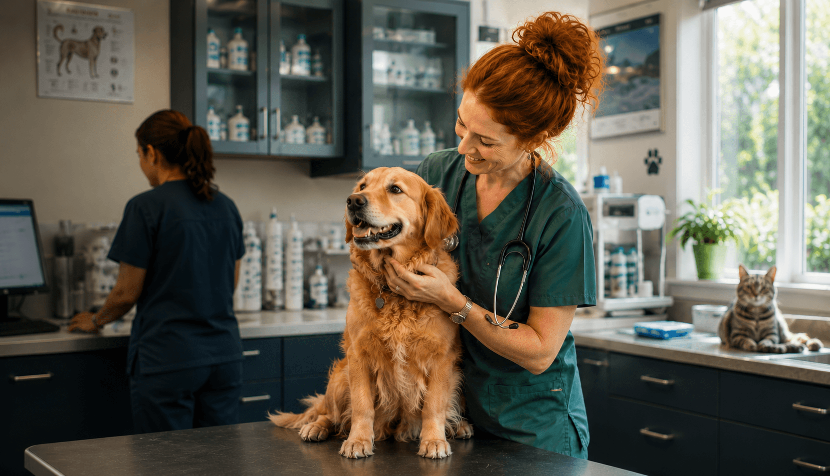 Veterinary clinic owner caring for a golden retriever
