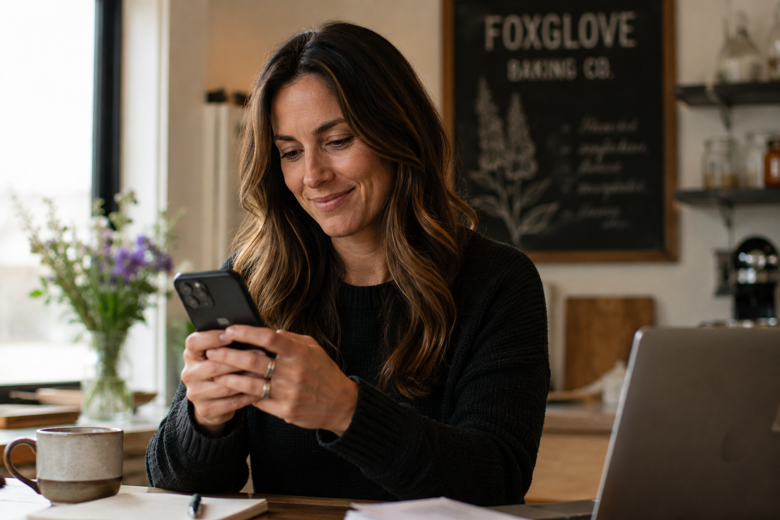 Small business owner reviewing Varda on her phone